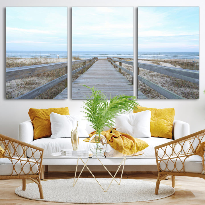 Beach Boardwalk Wall Art Canvas Print, Framed Coastal Serenity Art Picture Print, Ocean View Perfect Coastal Decor Artwork
