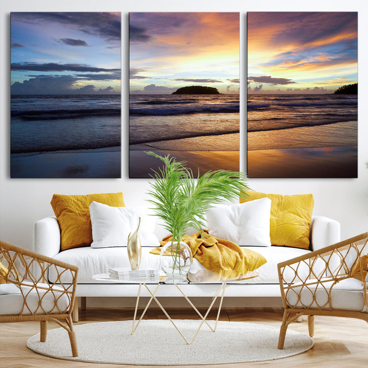 Beach Sunset Wall Art Canvas Print, Framed Ocean Waves Art Picture Print, Tropical Seascape Perfect Coastal Serenity Decor Artwork