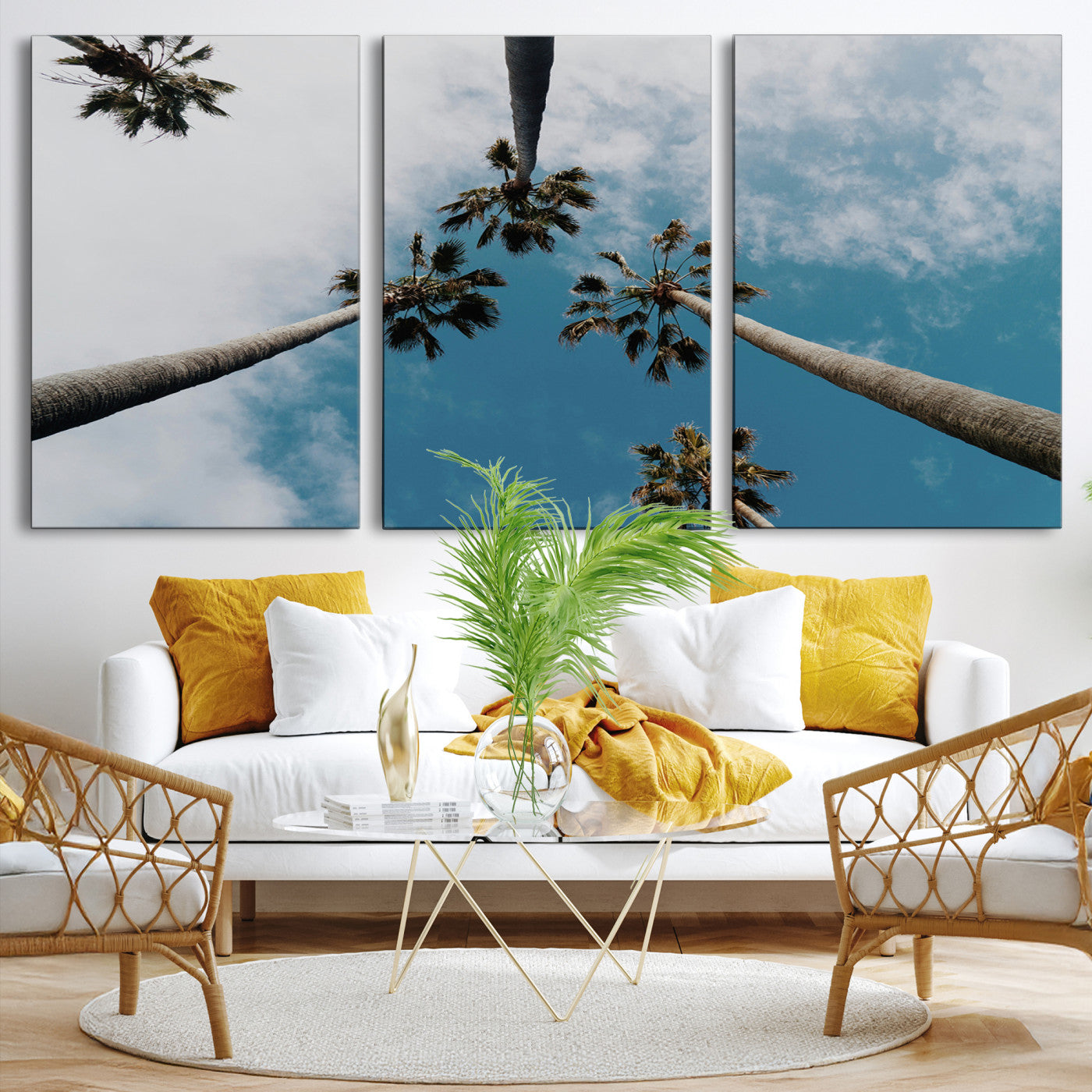 Tropical Palm Trees Wall Art Canvas Print, Framed California Sky Art Picture Print, Minimalist Nature Perfect Coastal Minimalist Decor