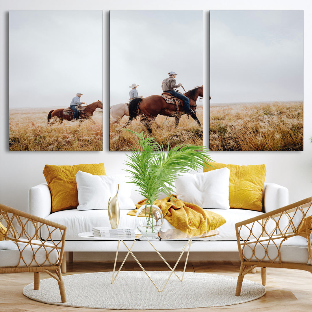 Western Cowboys Wall Art Canvas Print, Framed Rustic Prairie Art Picture Print, Horseback Riding Print Canvas, Perfect Rustic Western Decor