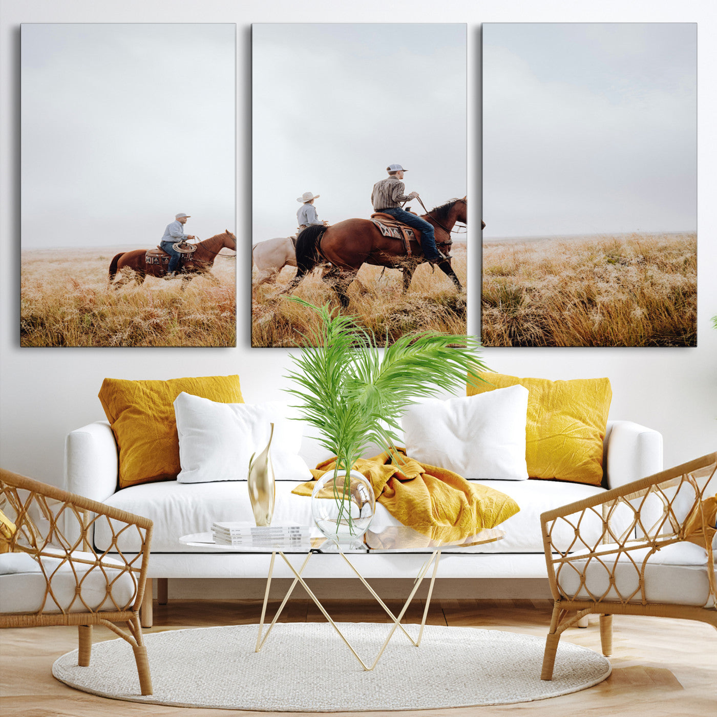 94723307-MGV-CV-36X24-Western Cowboys Wall Art Canvas Print, Framed Rustic Prairie Art Picture Print, Horseback Riding Print Canvas, Perfect Rustic Western Decor