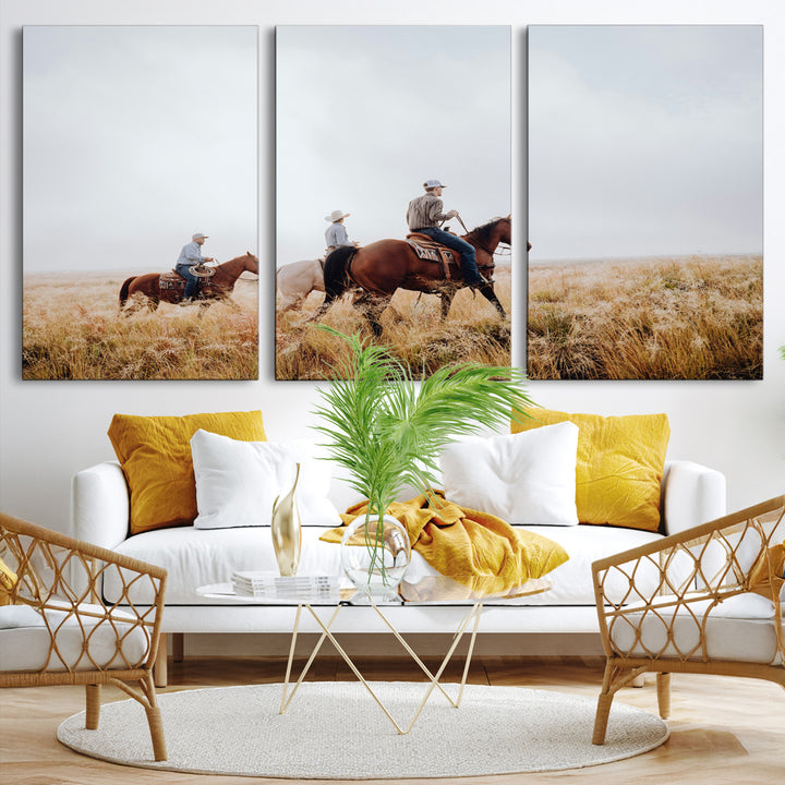 Western Cowboys Wall Art Canvas Print, Framed Rustic Prairie Art Picture Print, Horseback Riding Print Canvas, Perfect Rustic Western Decor