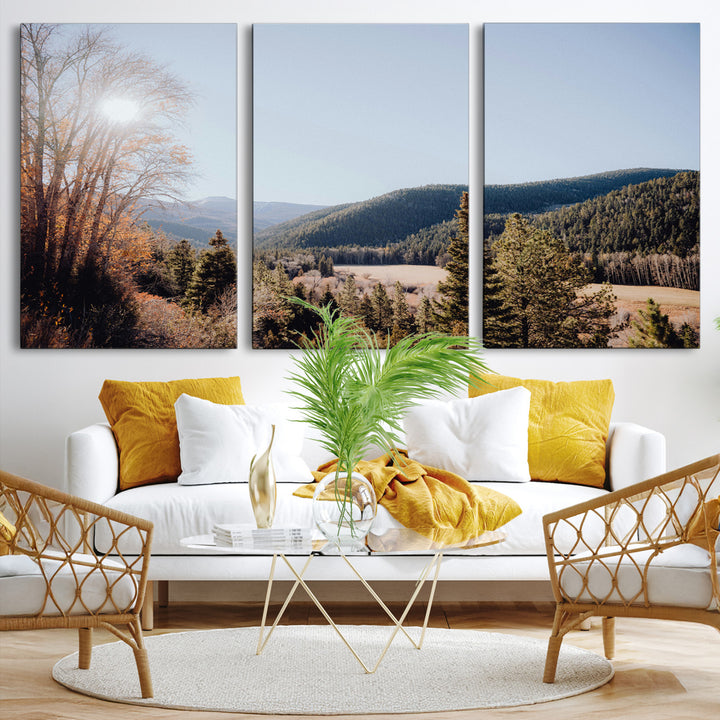 Rustic Landscape Wall Art Canvas Print, Framed Serene Valley Art Picture Print, Pine Tree Horizon Perfect Rustic Cabin Decor Artwork