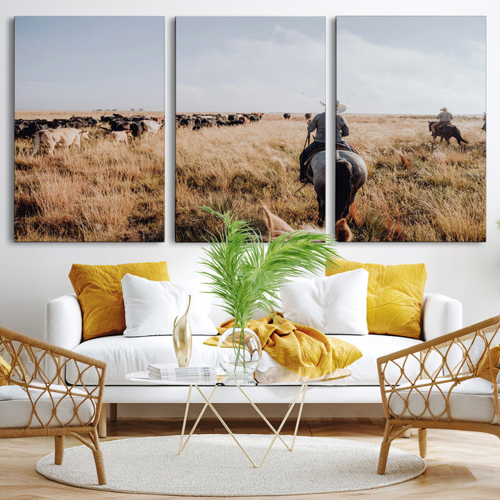 Western Wall Art Wall Art Canvas Print, Framed Cowboy Canvas Art Picture Print, Cattle Drive Scene Perfect Rustic Western Decor Artwork