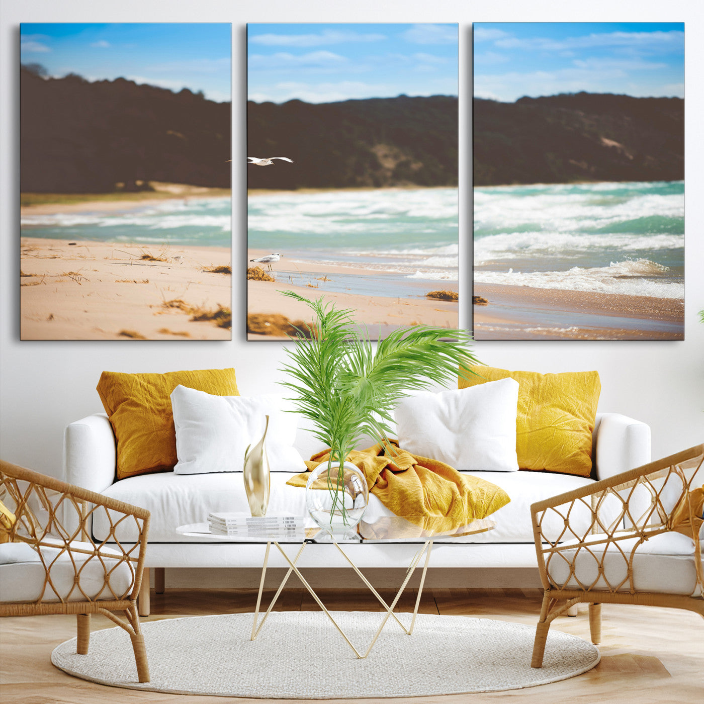 Tranquil Beach Scene Wall Art Canvas Print, Framed Blue Ocean Waves Art Picture Print, Sandy Coastline Perfect Coastal Cottage Decor Artwork