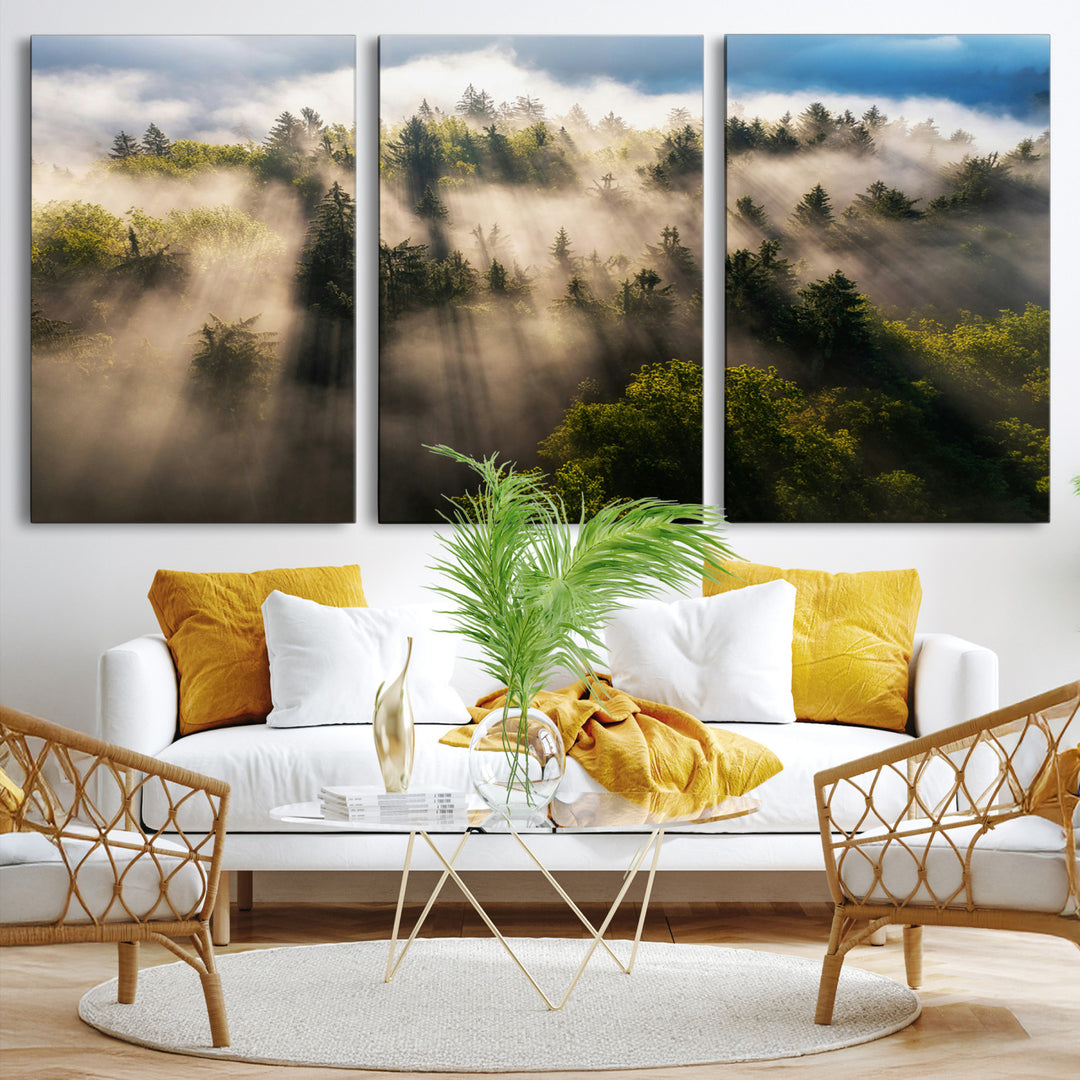 Tranquil Forest Scene Wall Art Canvas Print, Framed Sunbeam Through Trees Art Picture Print, Moody Green Wall Art Perfect Scandinavian