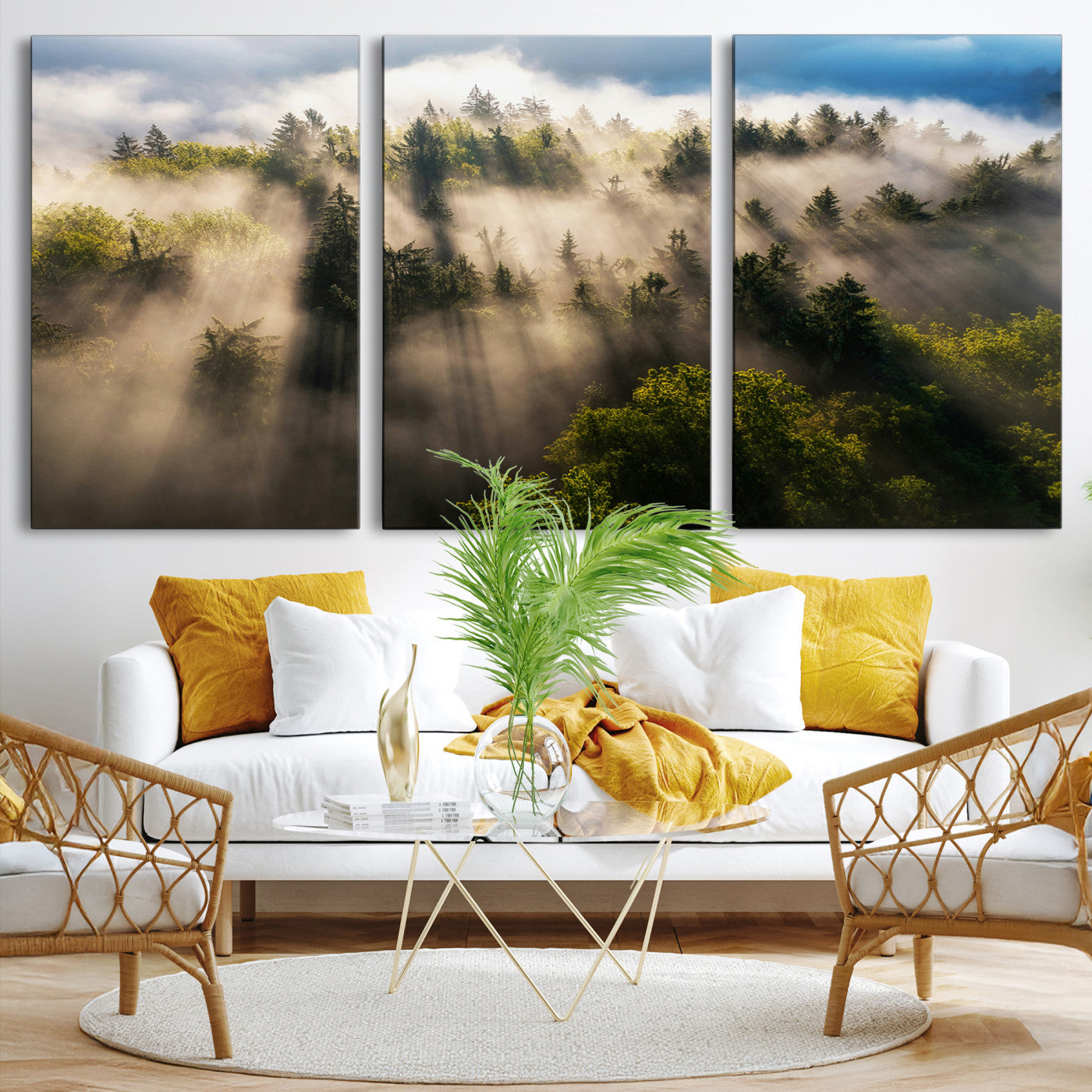 Tranquil Forest Scene Wall Art Canvas Print, Framed Sunbeam Through Trees Art Picture Print, Moody Green Wall Art Perfect Scandinavian