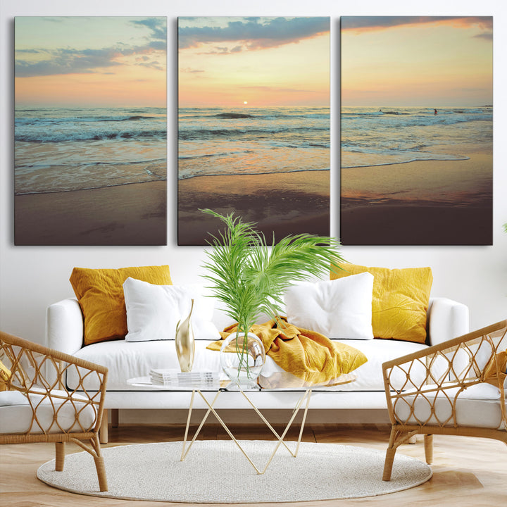 Sunset Seascape Wall Art Canvas Print, Framed Pastel Ocean View Art Picture Print, Tranquil Shoreline Perfect Boho Coastal Decor Artwork