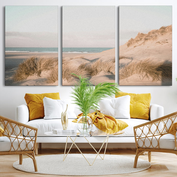 Minimalist Seascape Wall Art Canvas Print, Framed Neutral Beach Print Art Picture Print, Sand Dune Photography Perfect Scandinavian Coastal