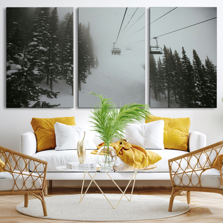 Ski Lift Wall Art Canvas Print, Framed Snowy Pines Art Picture Print, Misty Landscape Perfect Winter Serenity Decor Artwork