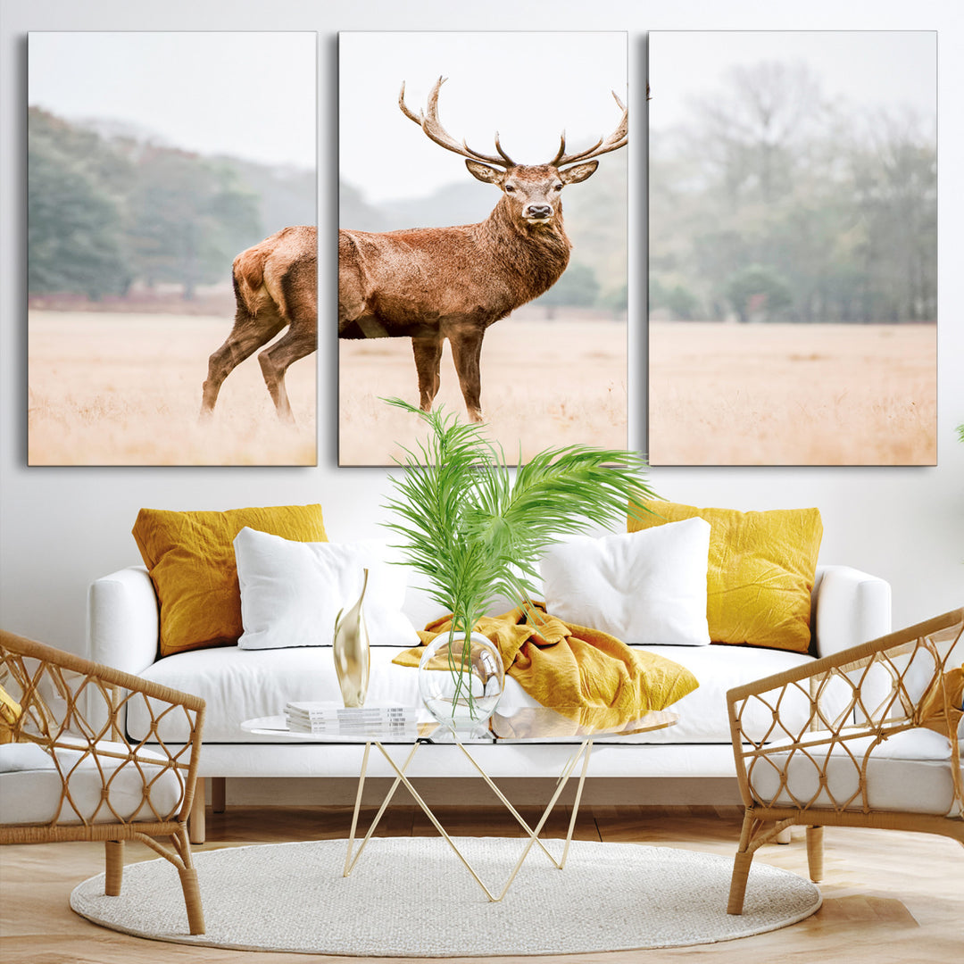 Vintage Wildlife Canvas Print, Framed Misty Landscape Art Picture Print, Deer Wall Art Perfect Rustic Wildlife Decor Artwork