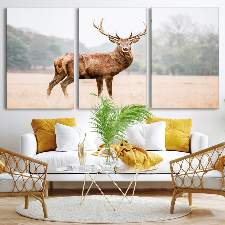 Vintage Wildlife Canvas Print, Framed Misty Landscape Art Picture Print, Deer Wall Art Perfect Rustic Wildlife Decor Artwork