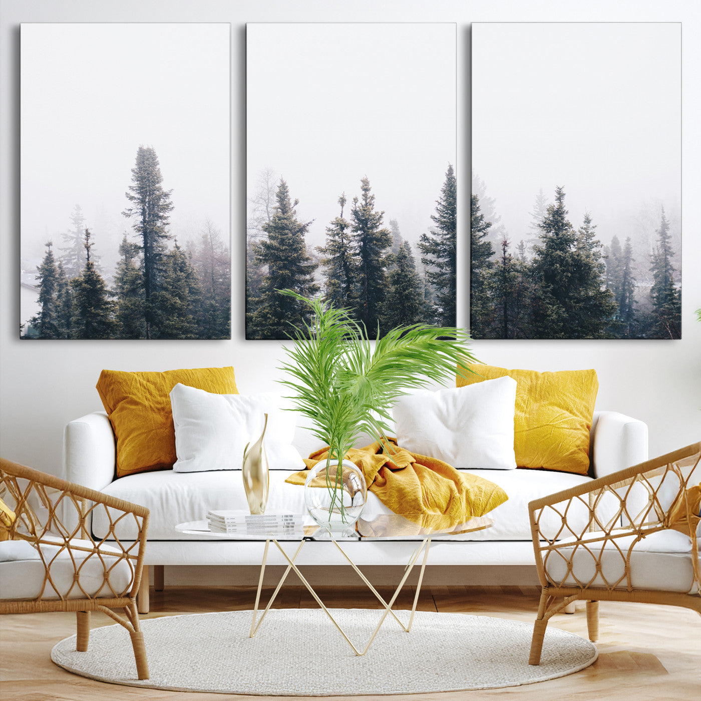 42364796-MGV-CV-36X24-Foggy Forest Wall Art Canvas Print, Framed Misty Pines Art Picture Print, Moody Woodland Perfect Scandinavian Minimalist Decor Artwork