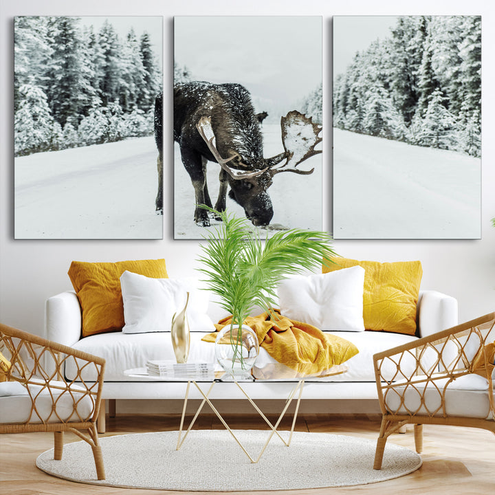 Moose in Snow Wall Art Canvas Print, Framed Winter Wildlife Art Picture Print, Snowy Forest Scene Perfect Rustic Lodge Decor Artwork