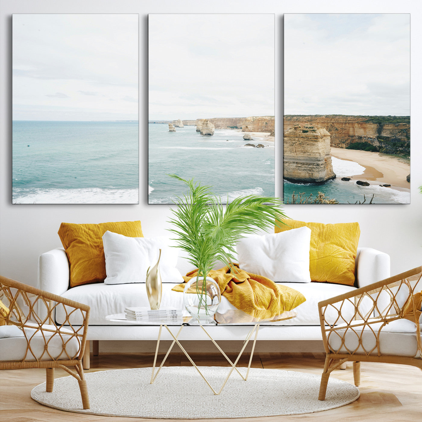 70095633-MGV-CV-36X24-Twelve Apostles Wall Art Canvas Print, Framed Coastal Cliffs Art Picture Print, Rugged Rock Formations Perfect Minimalist Coastal Decor