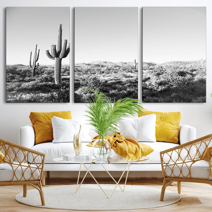 Saguaro Cactus Wall Art Canvas Print, Monochrome Landscape Print, Framed Scenic Arizona Art Print, Large Timeless Western Aesthetic Printing