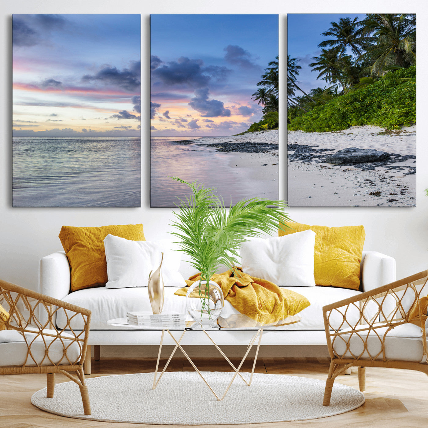 MGV-CV-60X30-3P - Tropical Beach Wall Art Canvas Print, Framed Sunset Glow Art Picture Print, Palm Tree Coast Perfect Tropical Coastal Decor Artwork