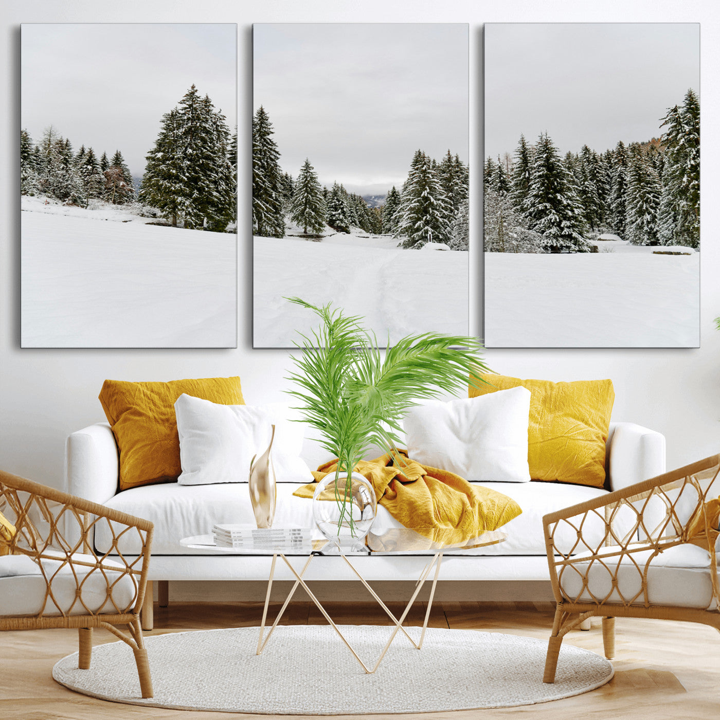 MGV-CV-60X30-3P - Frosty Pines Wall Art Canvas Print, Framed Silent Snowfall Art Picture Print, Cozy Cabin Vibes Perfect Nordic Minimalist Decor Artwork