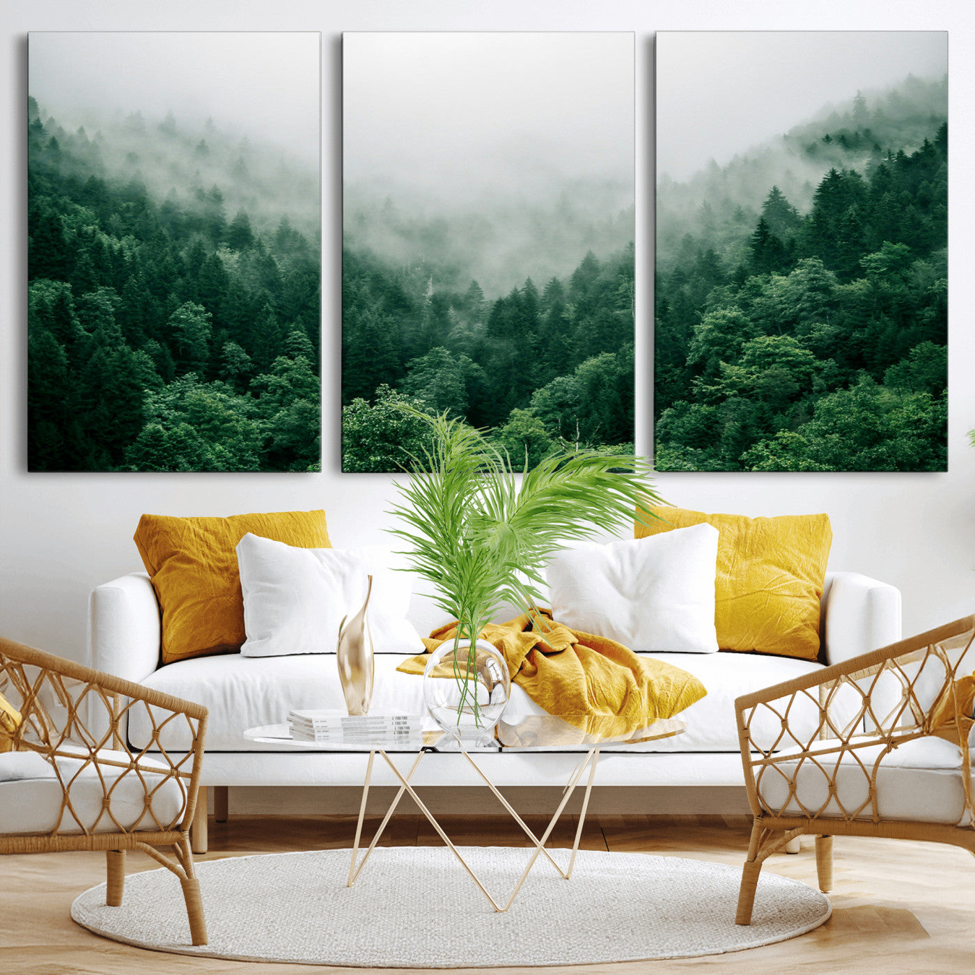 MGV-CV-60X30-3P - Misty Green Forest Canvas Print – Serene Foggy Pine Landscape Wall Art, Tranquil Nature Decor for