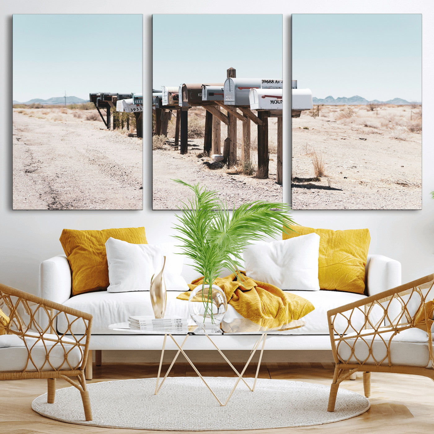 MGV-CV-60X30-3P - Desert Mailboxes Canvas Print – Minimal Western Landscape Photography, Rustic Americana Wall Art for