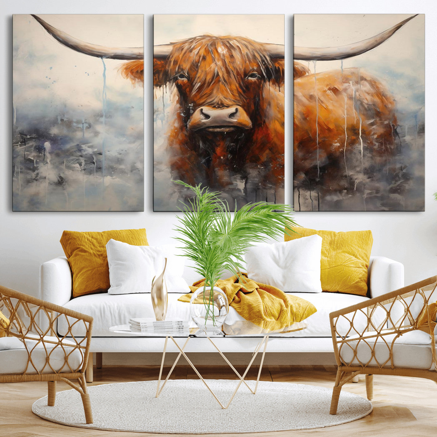 MGV-CV-60X30-3P - Scottish Highland Wall Art Canvas Print, Framed Longhorn Art Picture Print, Western Cow Perfect Farmhouse Decor Artwork