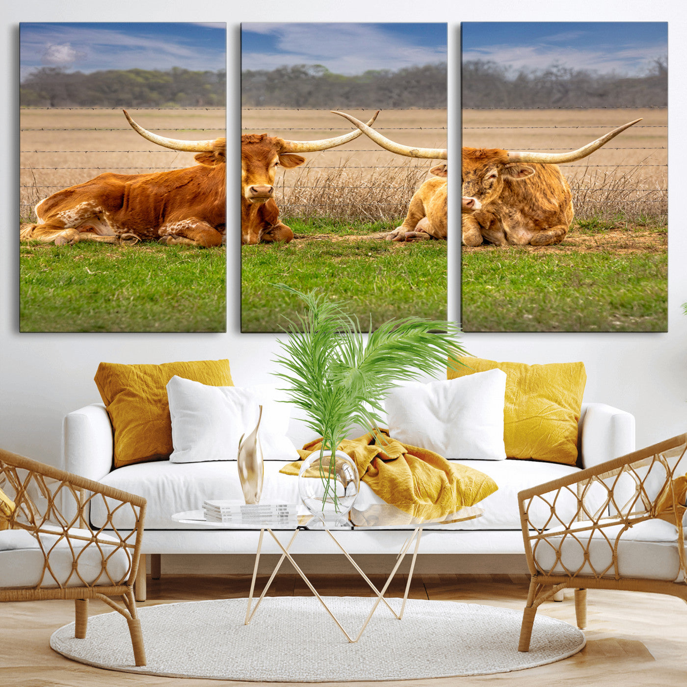 MGV-CV-60X30-3P - Texas Longhorn Pair Wall Art Canvas Print – Peaceful Rustic Ranch Scene with Two Cattle in Field,