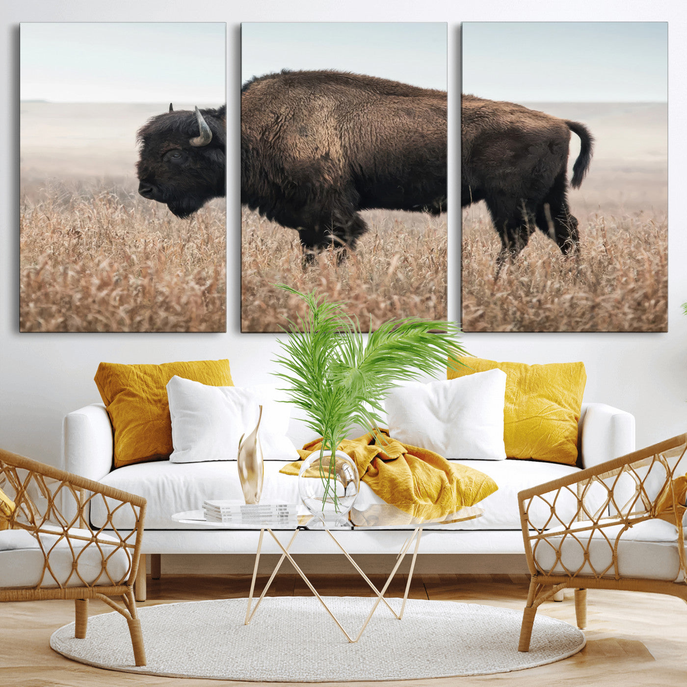 MGV-CV-60X30-3P - American Bison in Field  Wall Art Canvas Print – Powerful Winter Wildlife Scene with Buffalo in