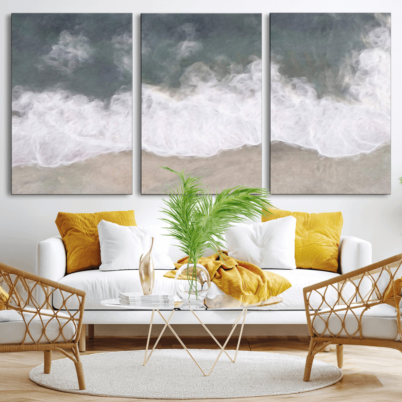 Wall art canvas print featuring foamy ocean waves softly rolling onto a sandy shore with a dreamy, painterly texture.