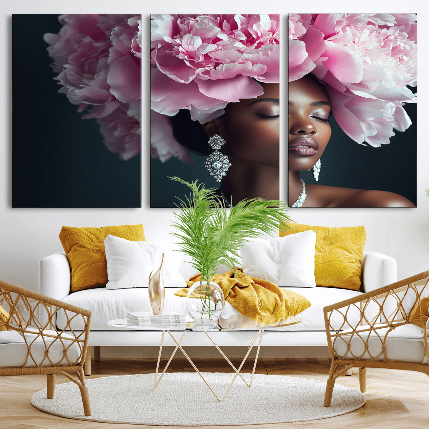 MGV-CV-60X30-3P - Black Beauty Petal Crown Wall Art Print Floral Petal Headpiece, Petal-Inspired Art, Floral Crown