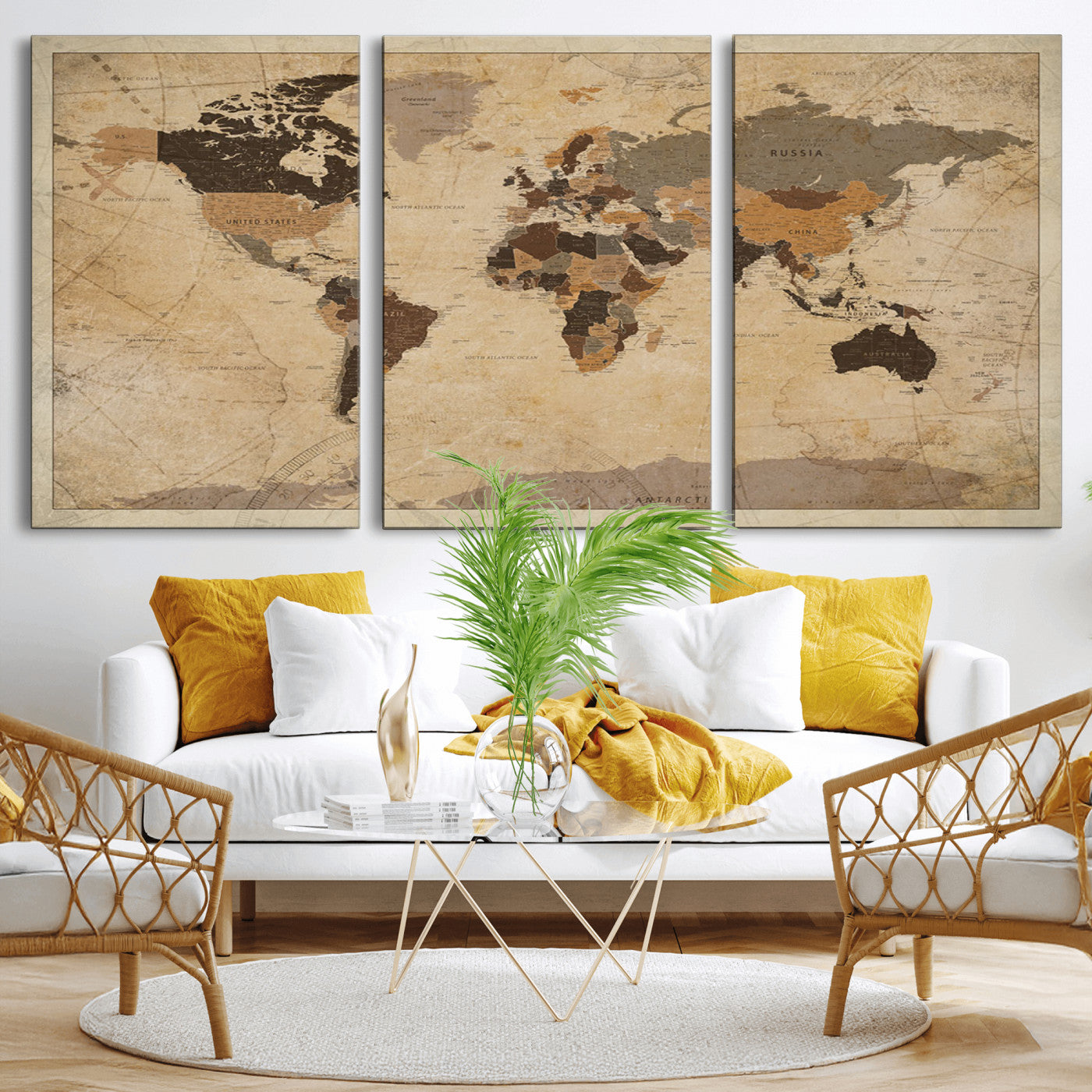 Vintage-style world map with muted brown, beige, and sepia tones, showing countries and continents with a weathered paper texture background.