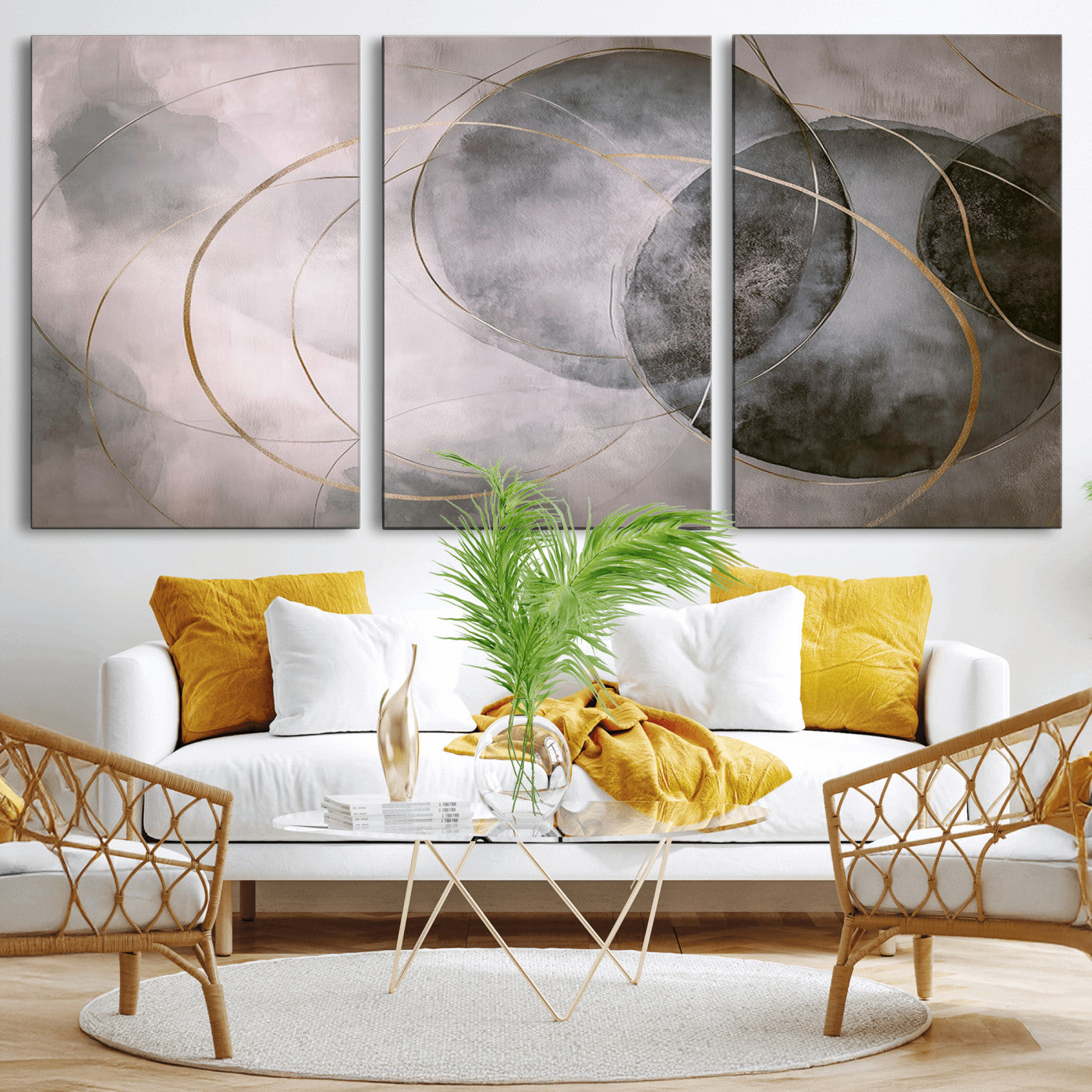 MGV-CV-60X30-3P - Wall Art Canvas Print Abstract Gray Black Gold Circles Soft Texture Modern Minimalist Artistic Home Decor Contemporary Elegant Stylish Unique