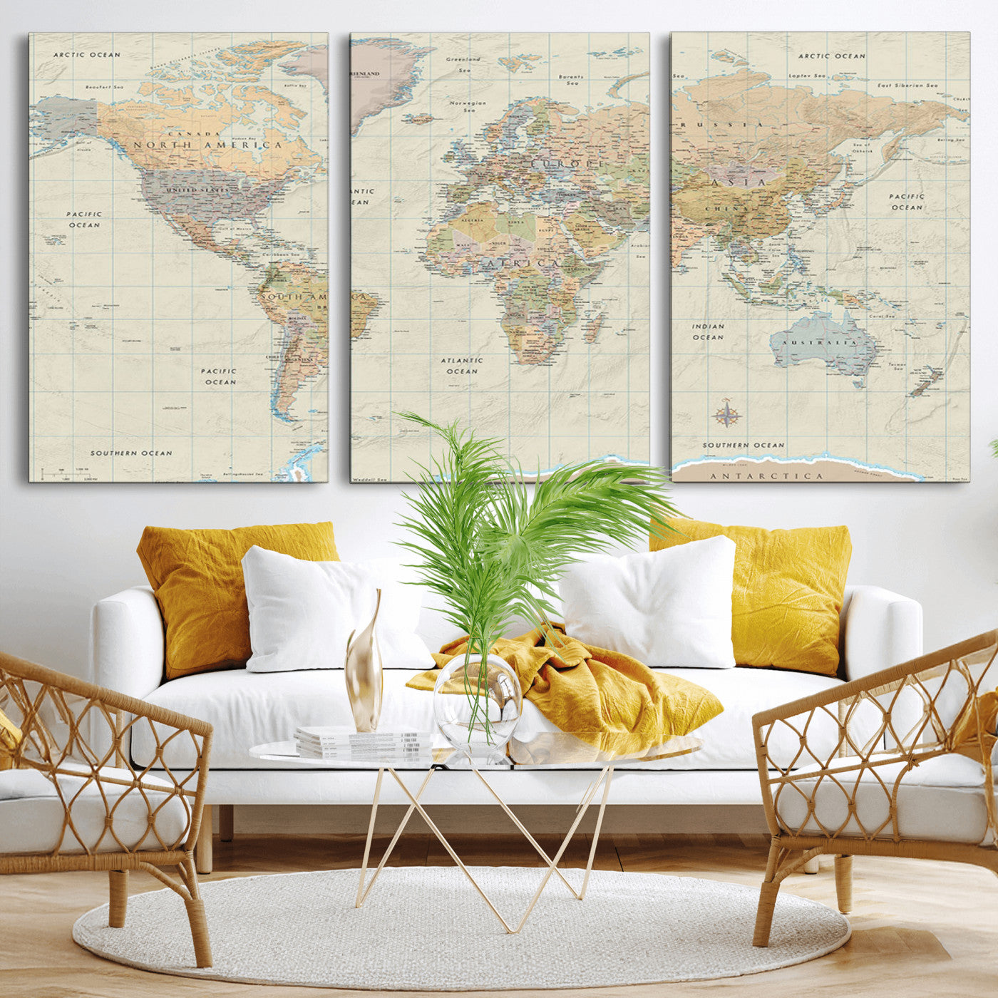 A detailed vintage-style political world map displaying continents, countries, and oceans with clear borders and labels, set on a beige textured background with grid lines.