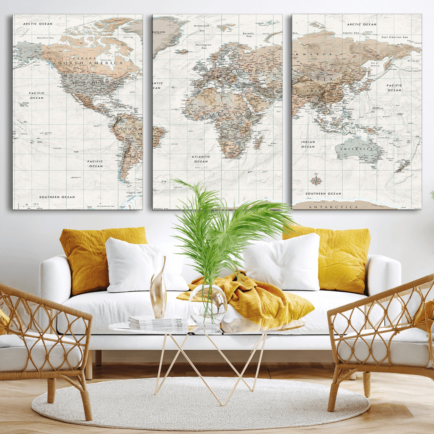 Vintage world map with detailed country borders and labels, featuring soft earthy tones of beige, brown, and gray on a textured parchment background, including oceans, continents, and major cities.