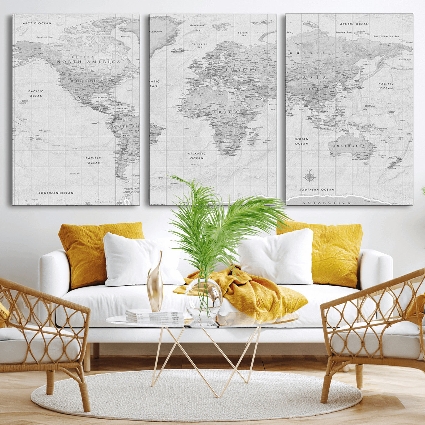 Grayscale vintage world map with detailed country borders, oceans, continents, and major cities on a textured parchment background.