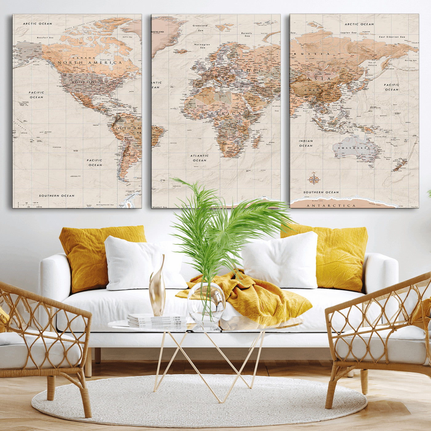 Detailed vintage world map with warm earth tones showing country borders, oceans, continents, and major cities, styled with a textured parchment background.