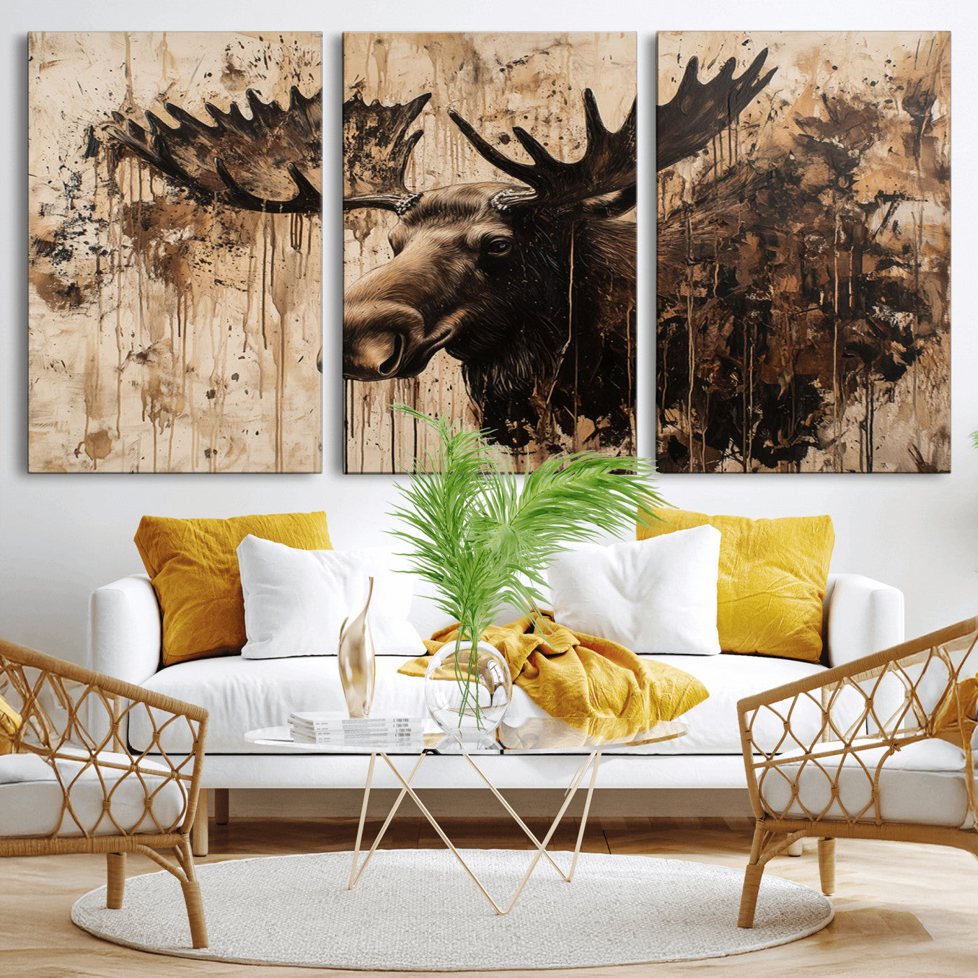 Artistic painting of a moose head with large antlers in shades of brown and black, with paint splatters and drips on a beige textured background, creating a rustic and expressive wall art canvas.