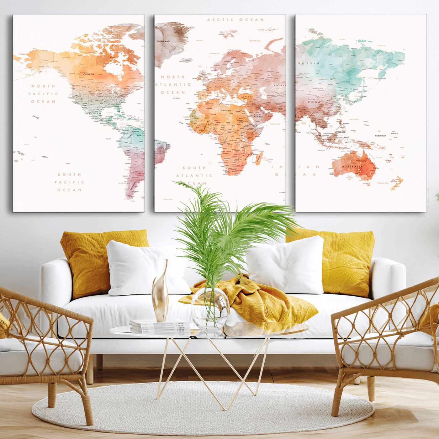 Watercolor world map featuring soft pastel hues in orange, green, blue, and purple on a light background, printed on canvas for vibrant and artistic wall decor.