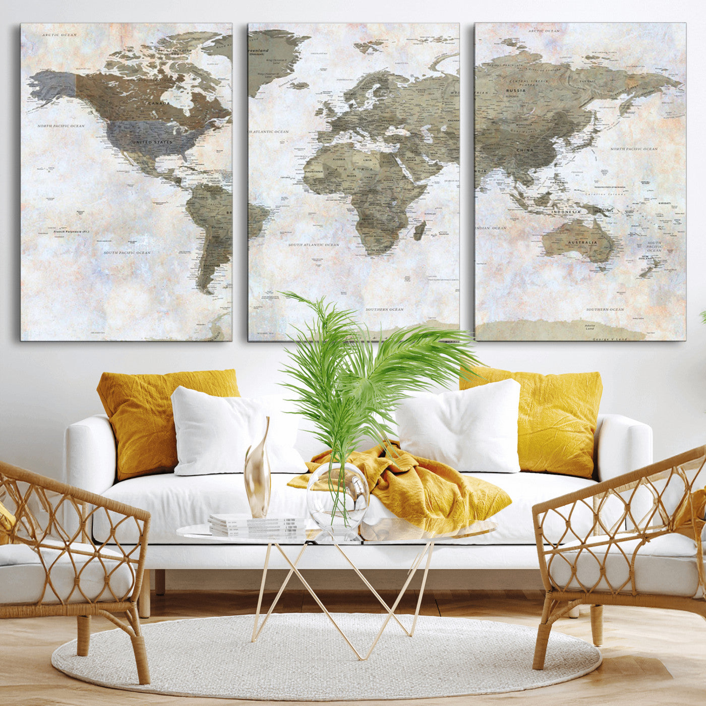 World map printed on a textured canvas with soft muted earth tones and a weathered background, showing detailed countries and continents, perfect for vintage-style wall art.