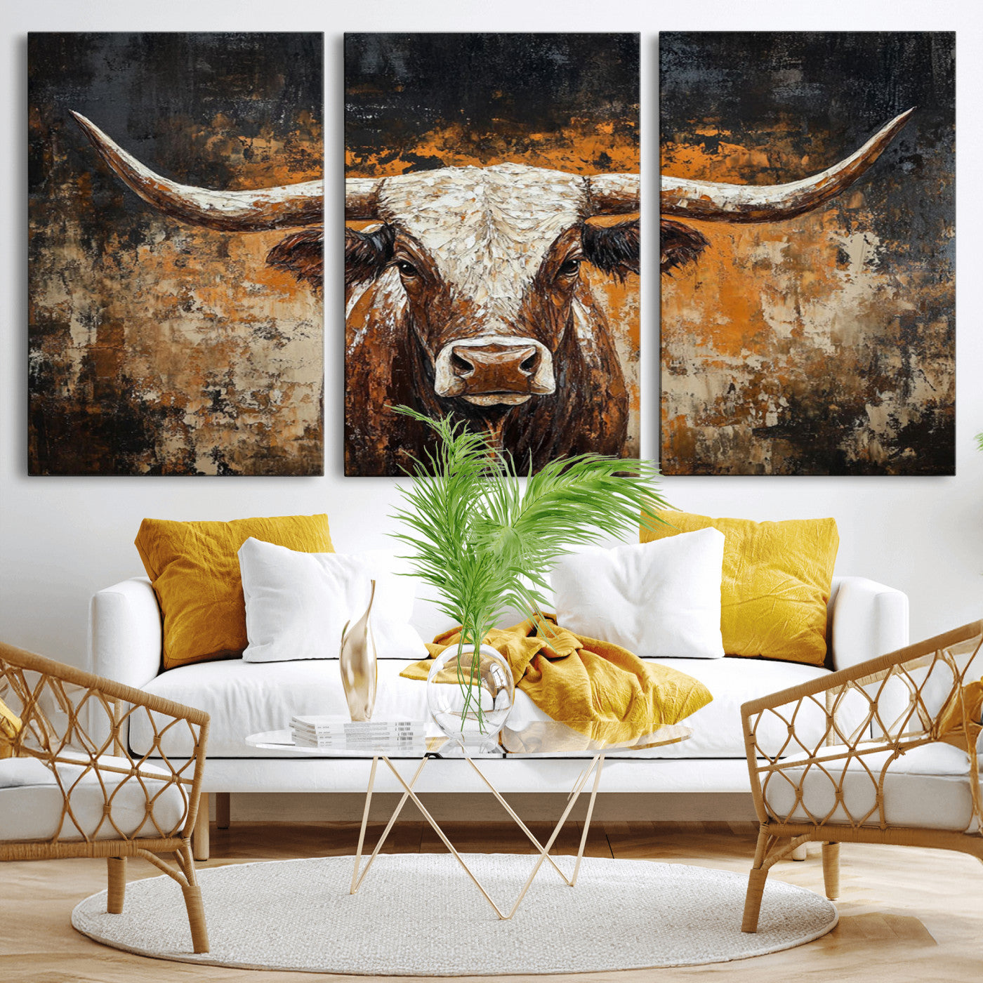 MGV-CV-60X30-3P - Rustic Longhorn Bull Wall Art Canvas Print – Vintage Western Cattle Painting, Texas Steer Artwork