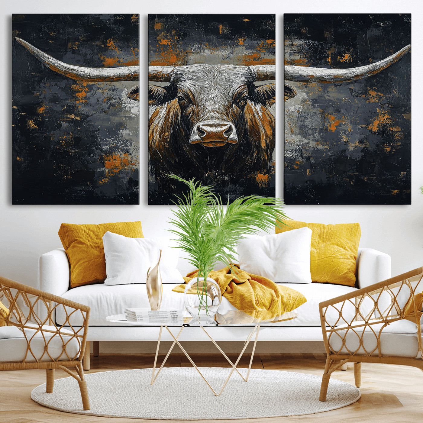 93195031-MGV-CV-36X24-Rustic Longhorn Bull Wall Art Canvas Print – Vintage Western Cattle Painting, Texas Steer Artwork for Ranch, Farmhouse or Cowboy Decor