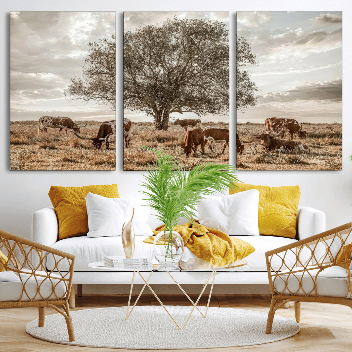 87590224-MGV-CV-36X24 - Texas Longhorn Cattle Wall Art Canvas Print – Rustic Western Ranch Scene with Steers at Sunset, Perfect for Farmhouse or Cowboy Decor