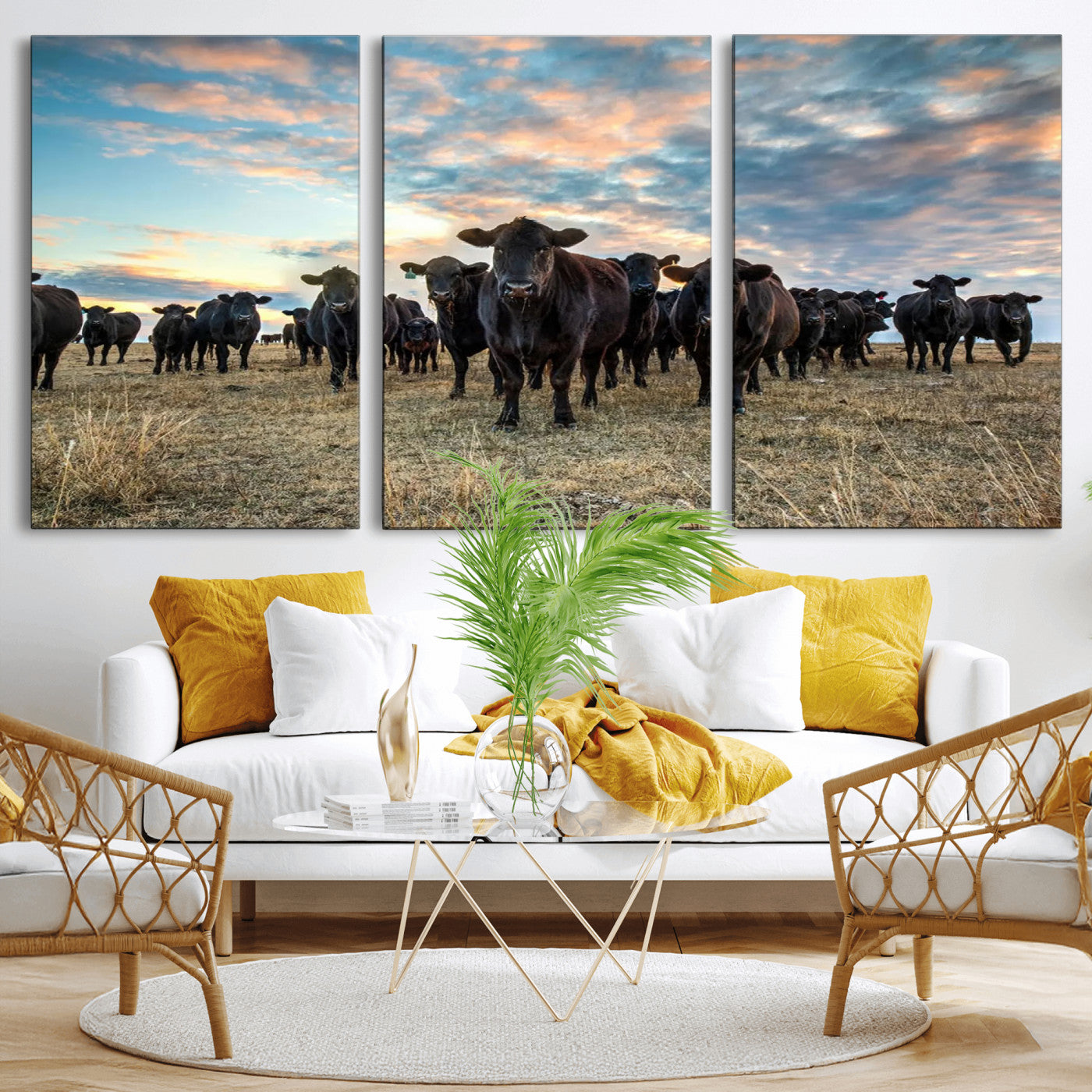 MGV-CV-60X30-3P - Texas Longhorn Cattle Wall Art Canvas Print – Rustic Western Ranch Scene with Steers at Sunset,