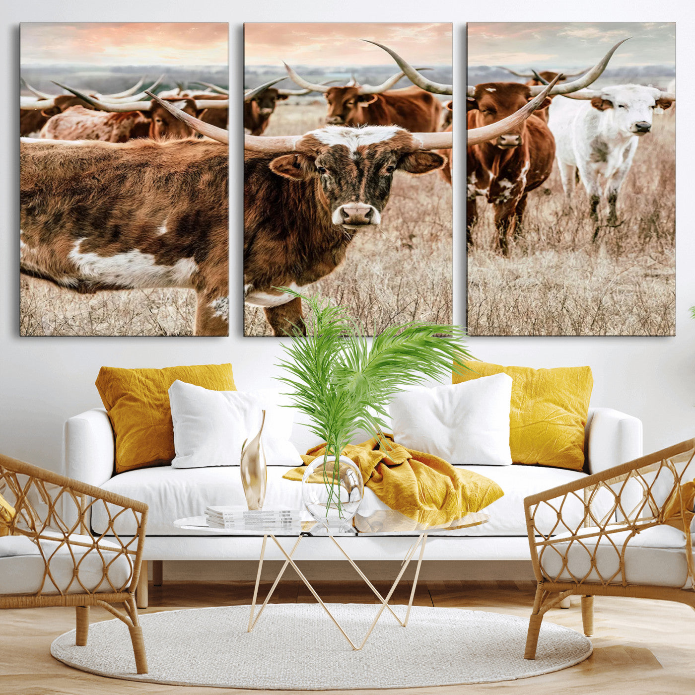 MGV-CV-60X30-3P - Texas Longhorn Cattle Wall Art Canvas Print – Rustic Western Ranch Scene with Steers at Sunset,