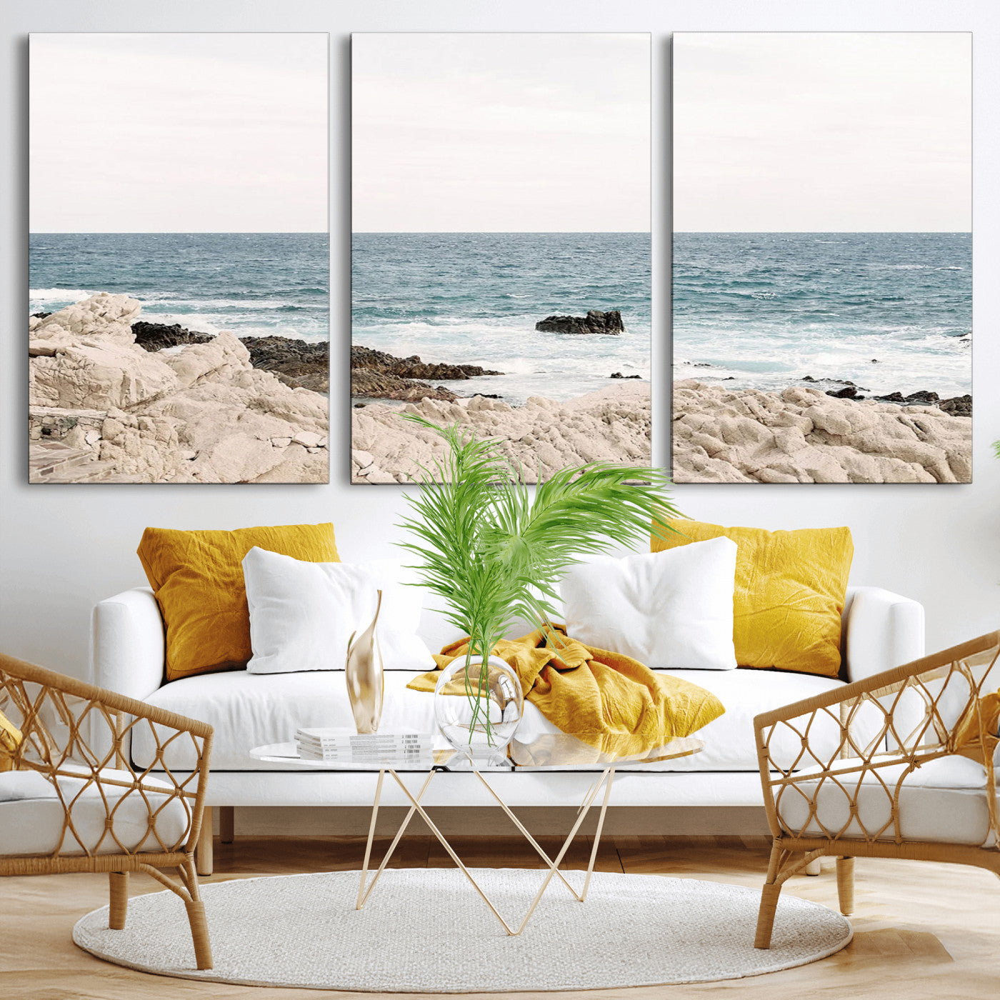 Coastal Ocean View Wall Art Canvas Print – Serene Rocky Shoreline and Blue Sea Photography for Coastal Chic or Minimalist Home Decor