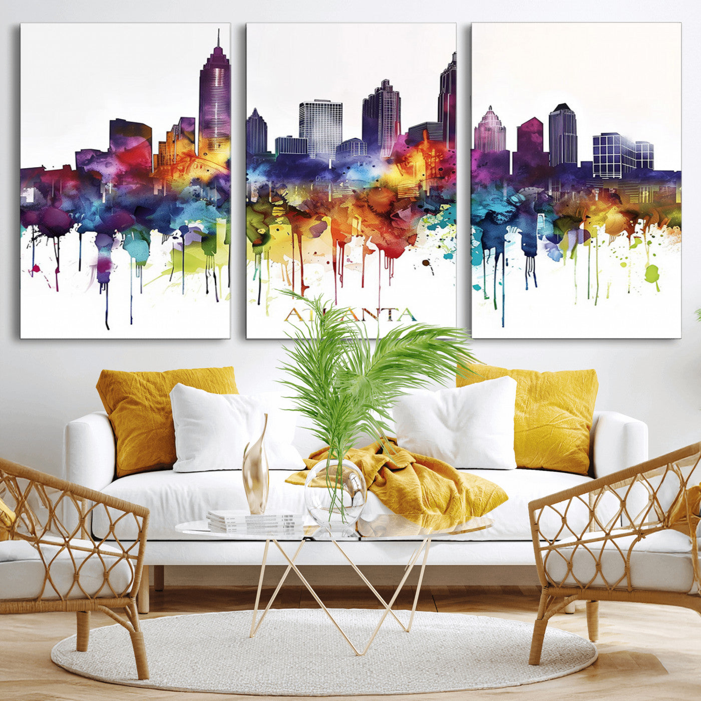 MGV-CV-60X30-3P - Atlanta Skyline Wall Art Print - Colorful Cityscape Watercolor Canvas - Abstract Urban Wall Decor -