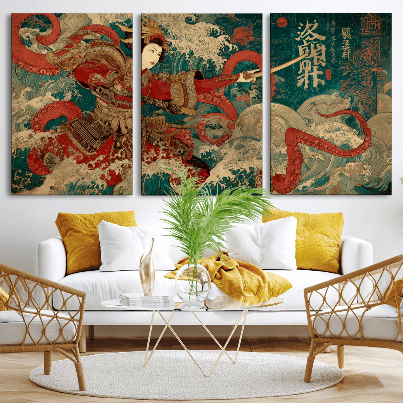 MGV-CV-60X30-3P - Tsukioka Yoshitoshi Samurai Wall Art Print, Japanese Katana Warrior Canvas Wall Art, Octopus Sea Monster Canvas Print,