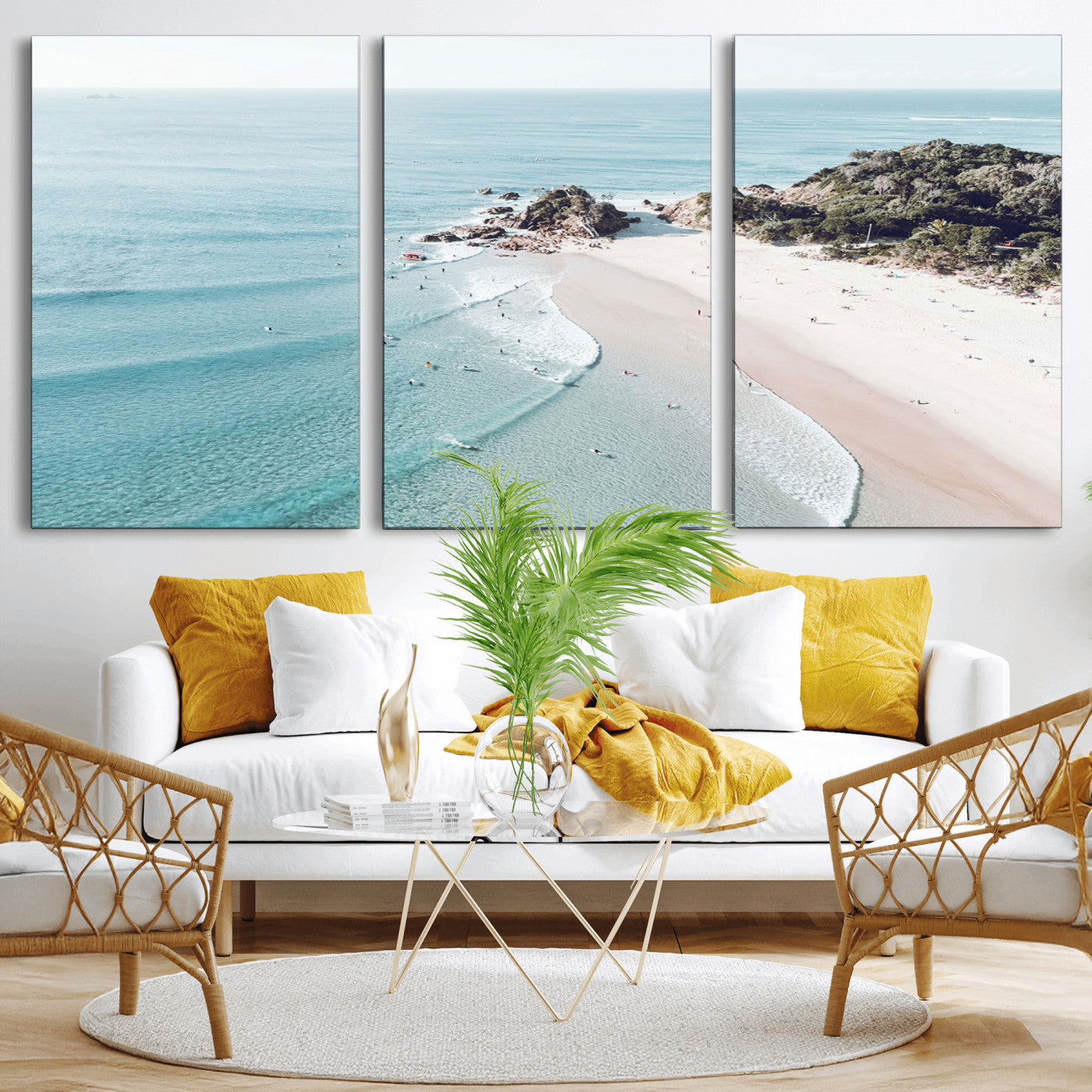 79395467-MGV-CV-36X24 - Aerial Beach Wall Art Canvas Print, Coastal Ocean Waves and Surfers Scenic Seaside Artwork for Home, Office Decor