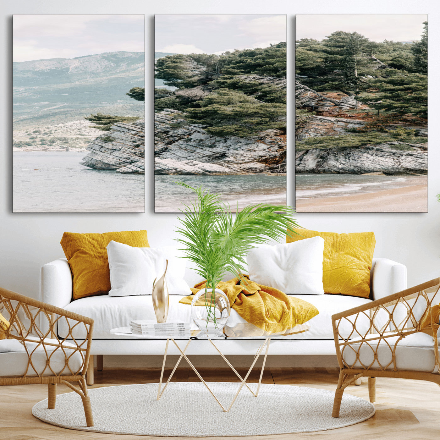 MGV-CV-60X30-3P - Coastal Rock Canvas Wall Art Print, Scenic Beach Landscape, Pine Trees on Rocky Cliff, Large Nature