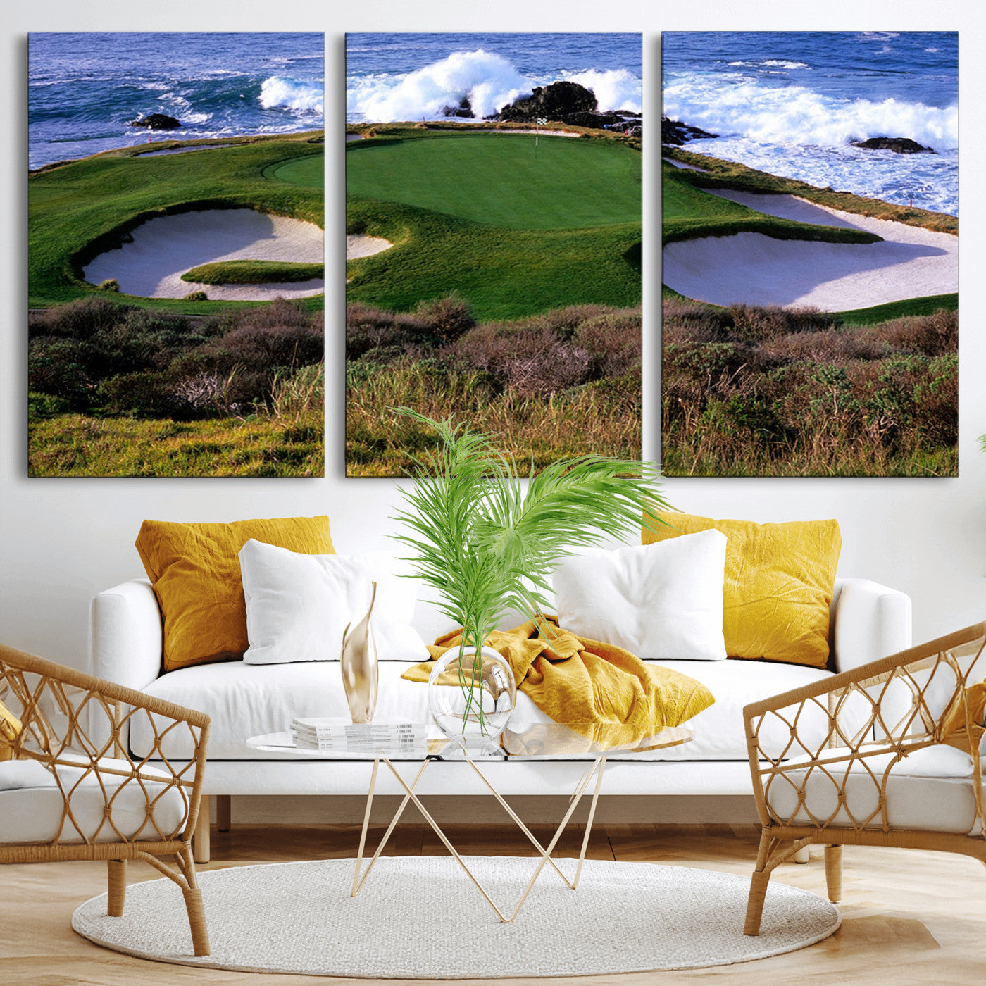 22776914-MGV-CV-36X24-Ocean Cliff Golf Green Canvas Print – Framed Majestic Coastal Scene with Lush Green Artwork for Home, Office