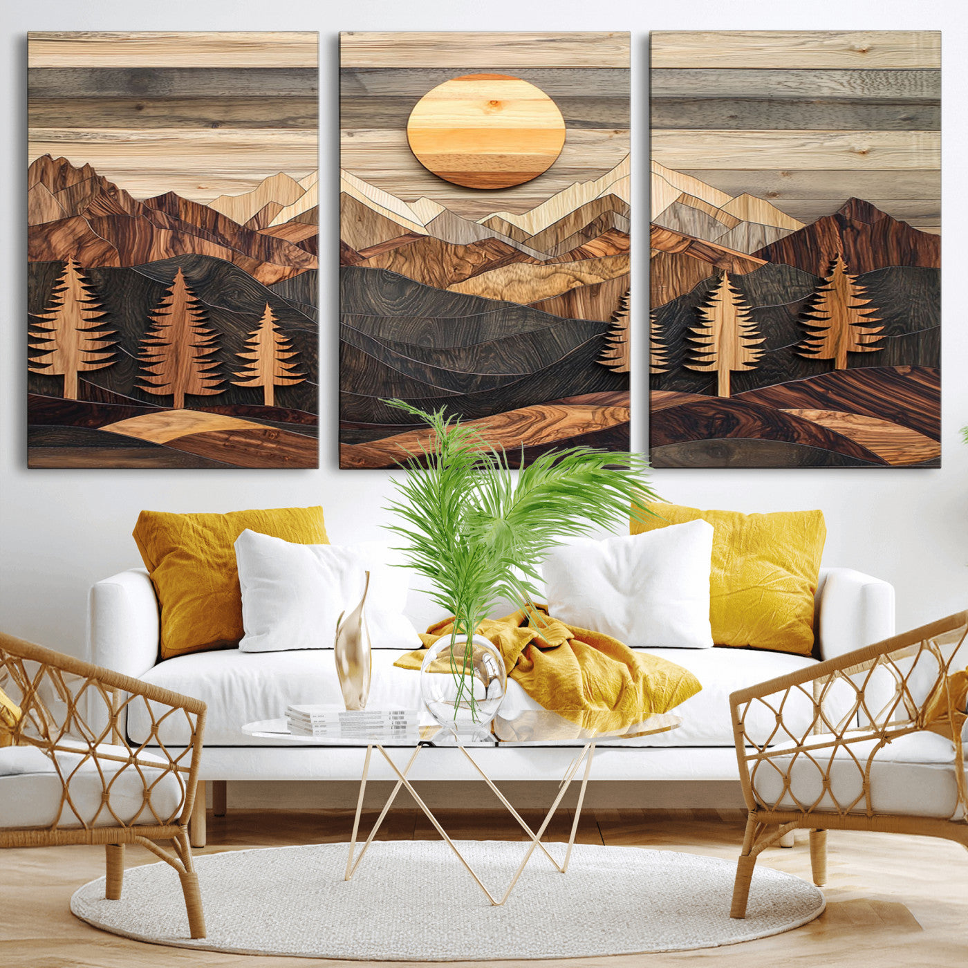 19832326-MGV-CV-60X30-3P - Wooden Mountain Landscape Layered Texture Geometric Shapes Sun Pine Trees Rustic Natural Tones Art